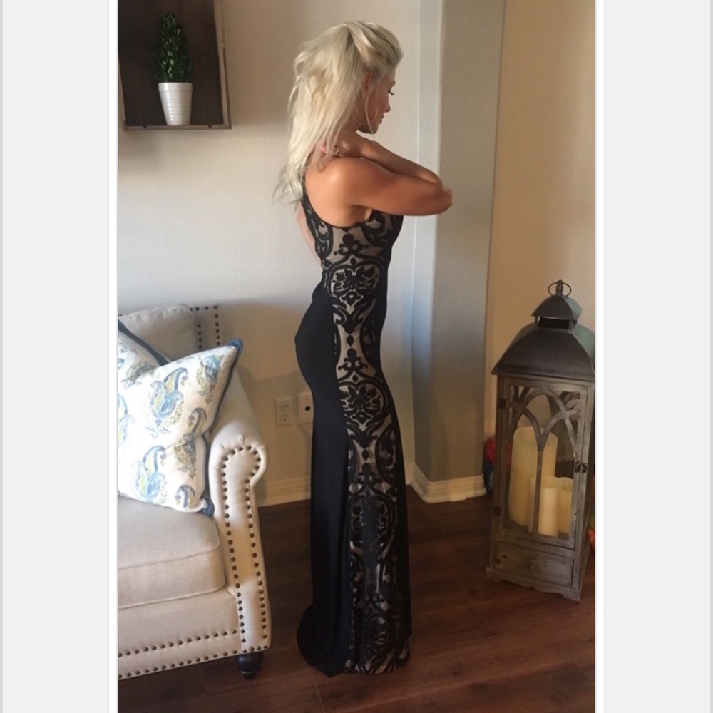 Black formal gown with nude side accents